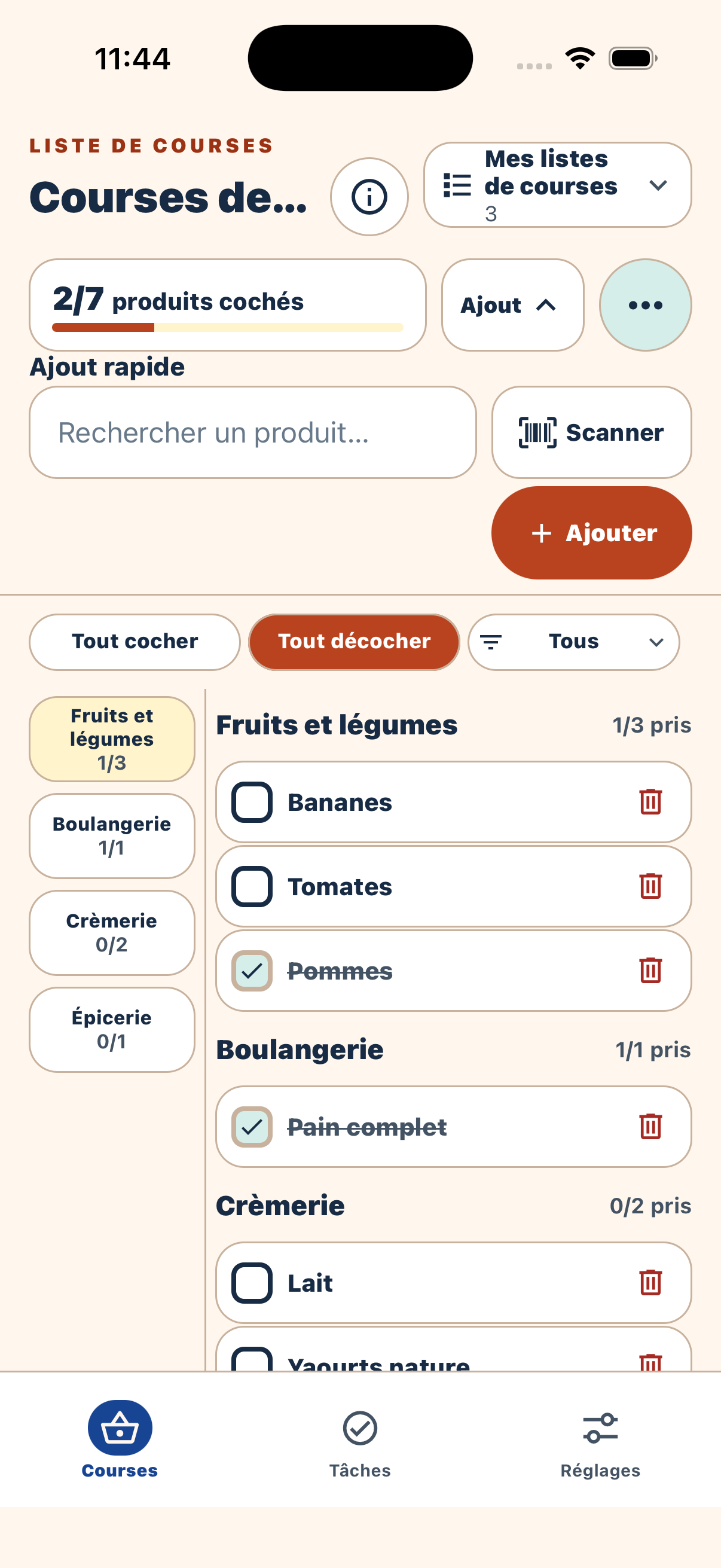 Onglet Courses de TDG : Courses de la semaine, deux achats cochés sur sept et produits par rayon.