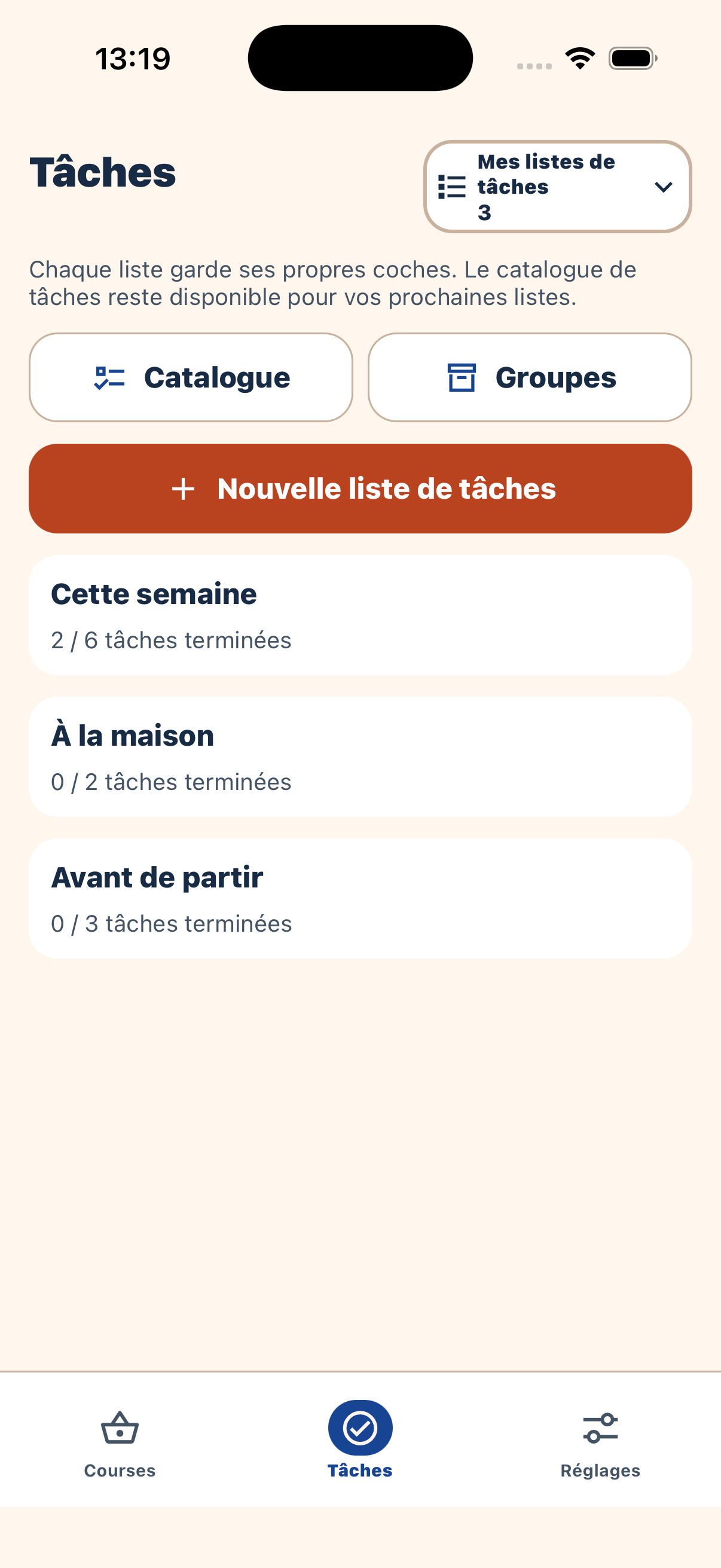 Mes listes de tâches : Cette semaine, À la maison et Avant de partir.